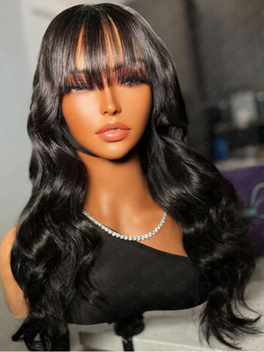 Parting Max 9x6 Glueless Wig #1 Jet Black Body Wave Wig with Bangs Ready to Go - sterlyhair