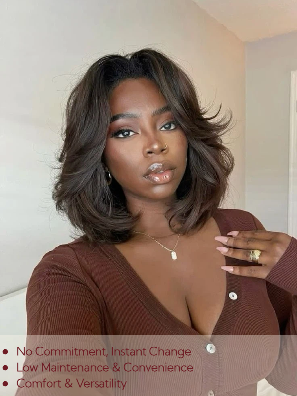 Chocolate Brown Pixie Cut Side Part Wigs Loose Body Hair Beginner Friendly Glueless Wig