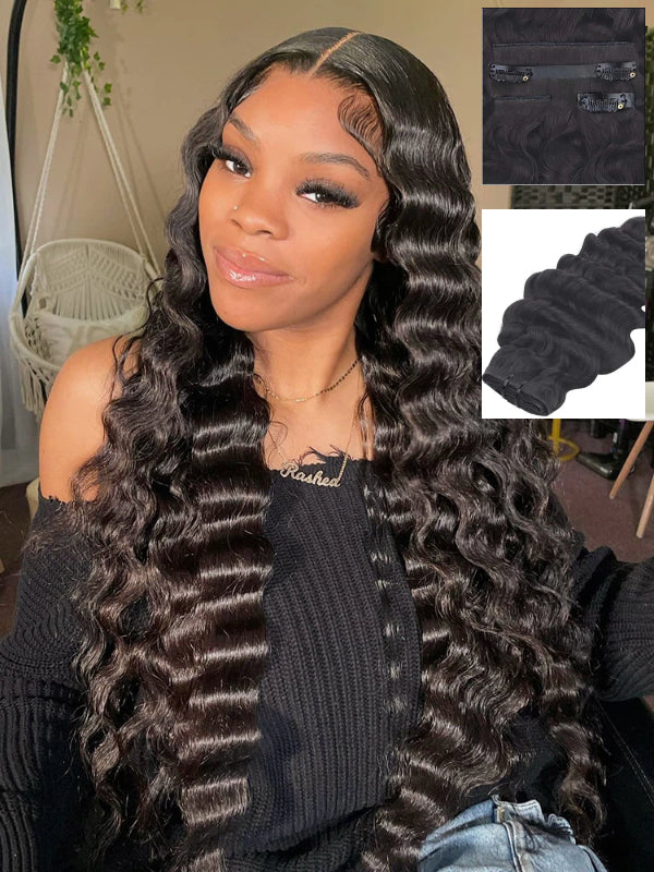 Raw Hair Clip In | Deep Wave lnvisible Edge Clip in Hair Extensions For Black Women 8pcs With 18 Clips