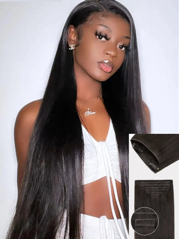Raw Hair Clip In | Silky Straight Invisi Edge Clip in Hair Extensions For Black Women 8pcs With 18 Clips