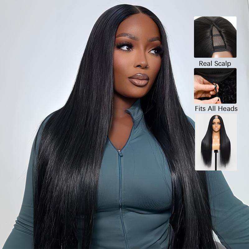 Perruques en cheveux humains crépus lisses/yaki avec cordon de serrage et partie en V, sans couture ni insertion 