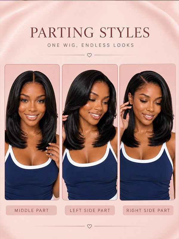 Sterly Yaki Straight Layered Cut Natural Bangs Glueless Lace Human Hair Wig
