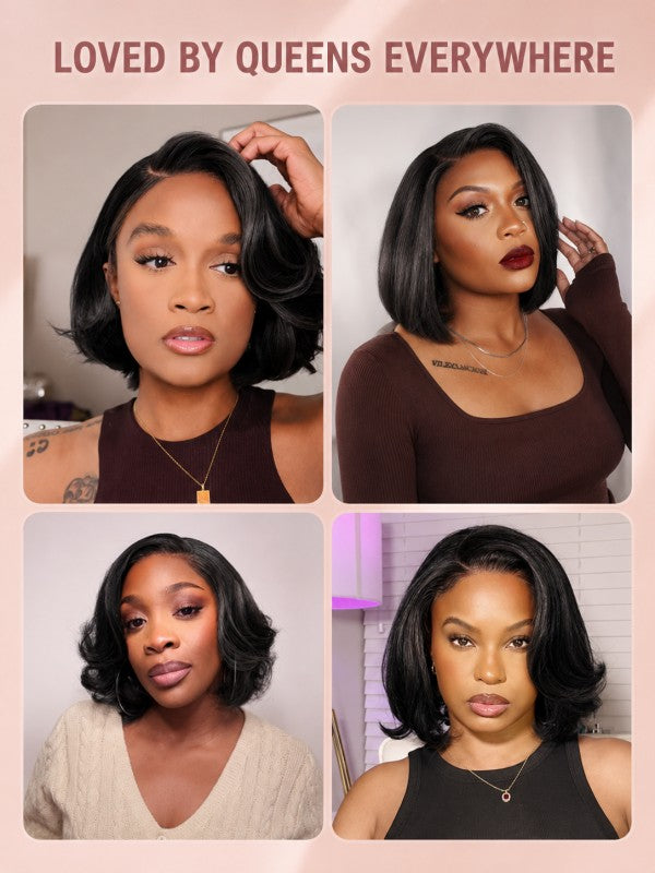 Sterly Yaki Straight Layered Cut Natural Bangs Glueless Lace Human Hair Wig