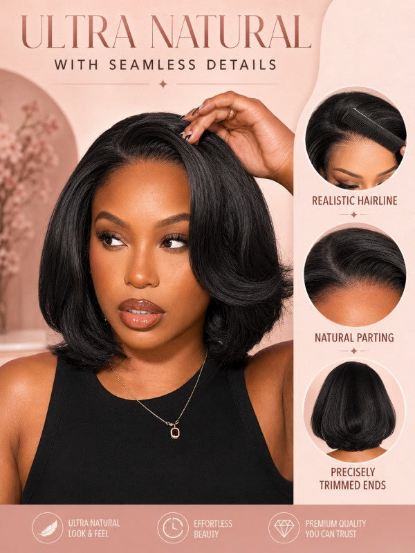 Sterly Yaki Straight Layered Cut Natural Bangs Glueless Lace Human Hair Wig