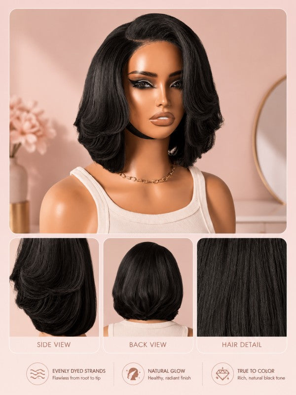 Sterly Yaki Straight Layered Cut Natural Bangs Glueless Lace Human Hair Wig
