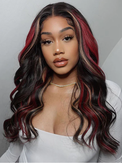 Sterly Black with Burgundy & Blonde Highlights 13x6 Lace Front Red And Blonde Loose Body Wave Wig - sterlyhair