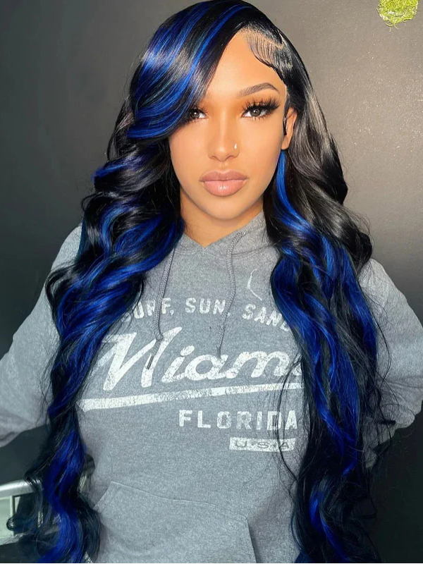 Sterly Blue Highlight With Black Hair Body Wave Glueless 7×6/ 13×6 Transparent Lace Front Human Hair Colored Wigs - sterlyhair