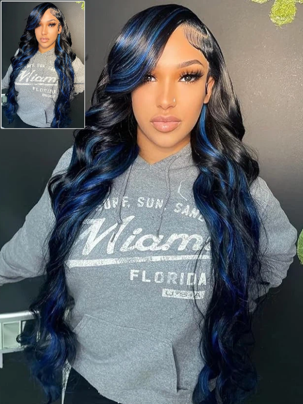 Sterly Blue Highlight With Black Hair Body Wave Glueless 7×6/ 13×6 Transparent Lace Front Human Hair Colored Wigs - sterlyhair