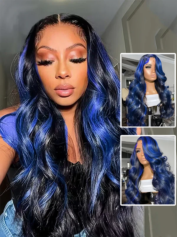 Sterly Blue Highlight With Black Hair Body Wave Glueless 7×6/ 13×6 Transparent Lace Front Human Hair Colored Wigs - sterlyhair