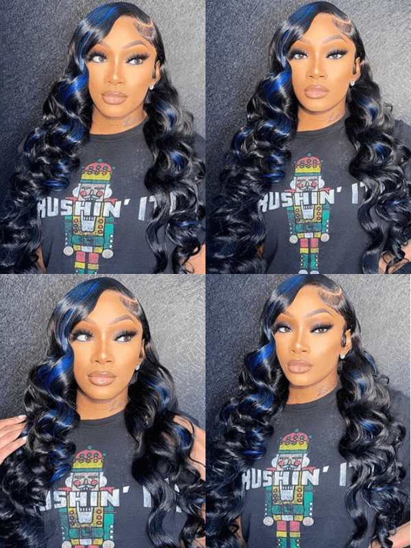 Sterly Blue Highlight With Black Hair Body Wave Glueless 7×6/ 13×6 Transparent Lace Front Human Hair Colored Wigs - sterlyhair