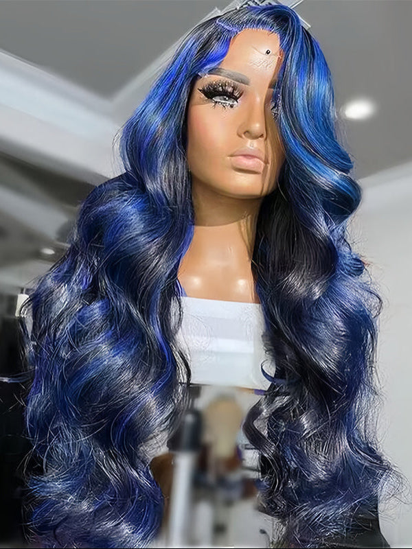 Sterly Blue Highlight With Black Hair Body Wave Glueless 7×6/ 13×6 Transparent Lace Front Human Hair Colored Wigs - sterlyhair