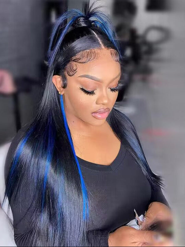 Sterly Blue Highlight With Black Hair Body Wave Glueless 7×6/ 13×6 Transparent Lace Front Human Hair Colored Wigs - sterlyhair