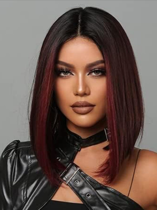 Sterly Dark Red Highlights Silky Blunt Cut Straight Bob Wig - sterlyhair