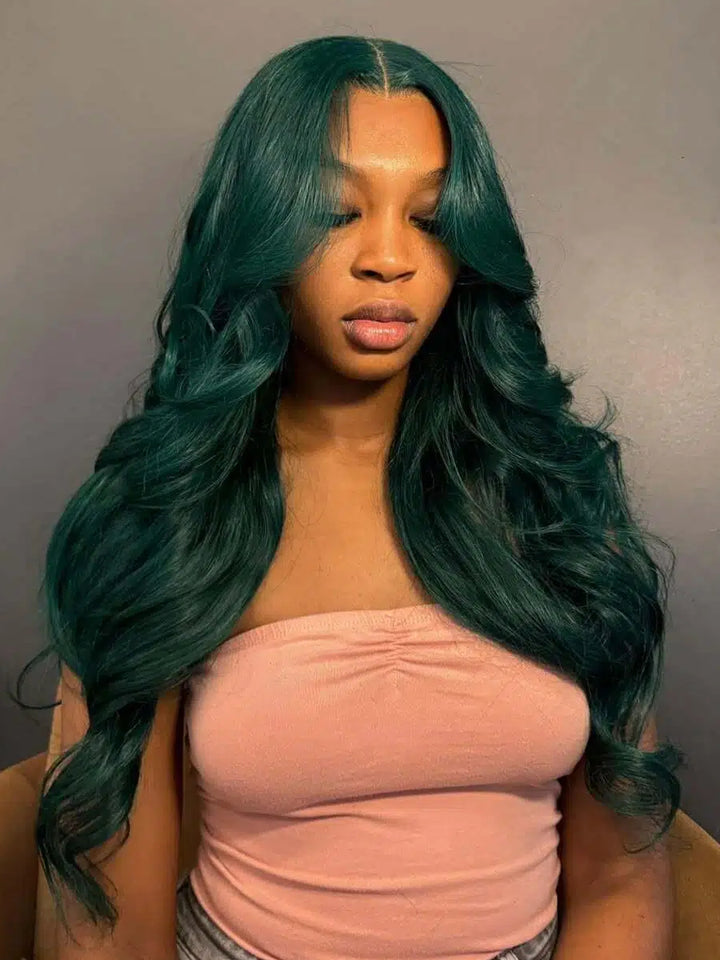 Sterly Emerald Green Wavy Wig Human Hair Body Wave Long Colored Lace Front Wigs - sterlyhair
