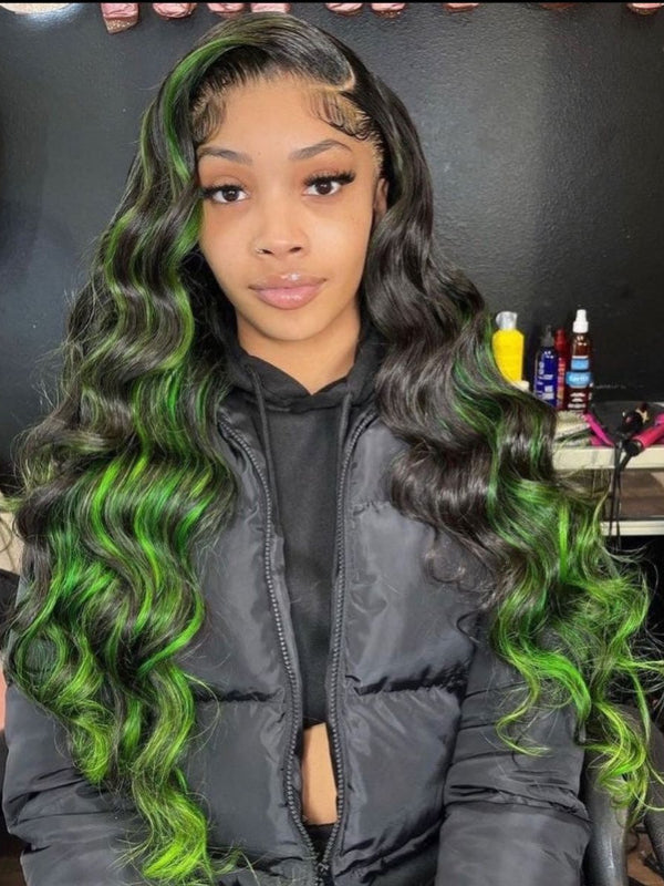Sterly Green Highlight With Natural Black Body Wave 13×6 Transparent Lace Front Human Hair Colored Wigs - sterlyhair