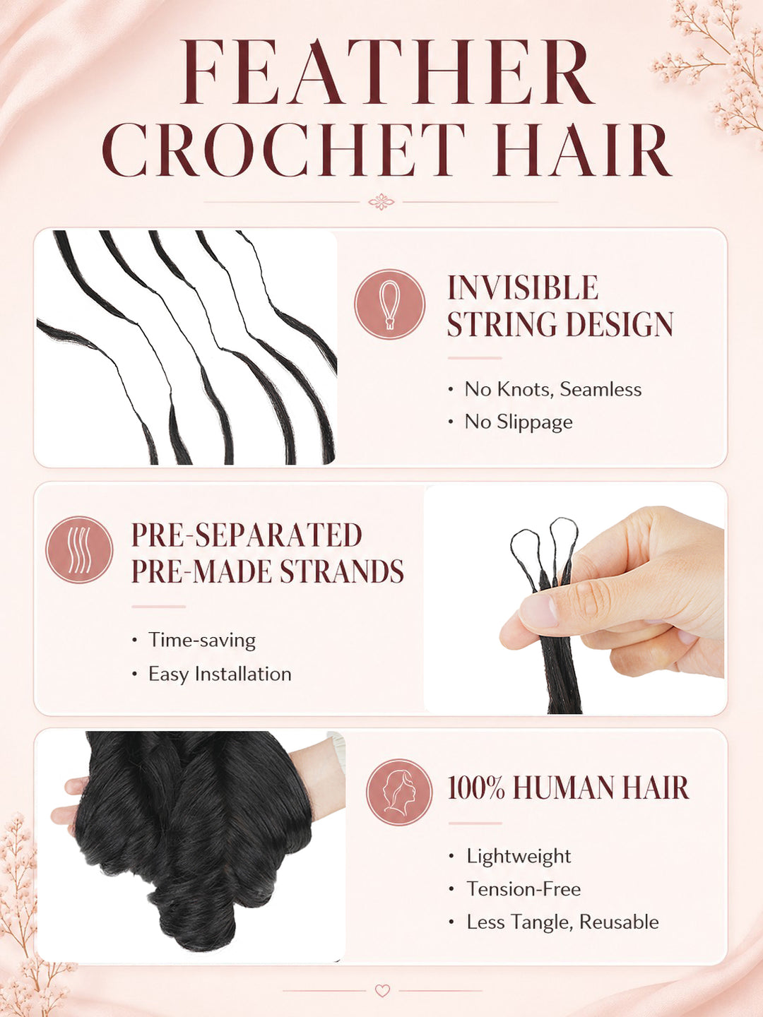 Sterly Hair French Curl Boho Miracle Braids Feather Crochet Hair Reusable Human Hair Extension