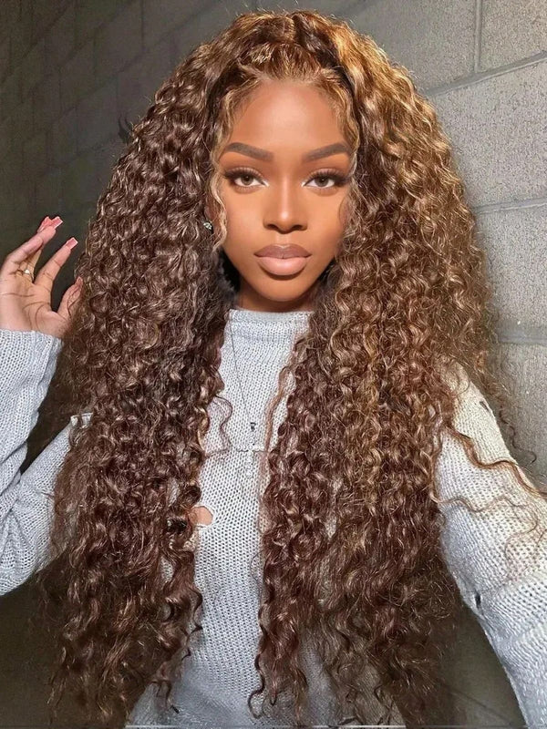 Sterly Hair Parting Max 9x6 Glueless Wig Chestnut Brown Highlights Deep Wave Wig Breathable Air Cap