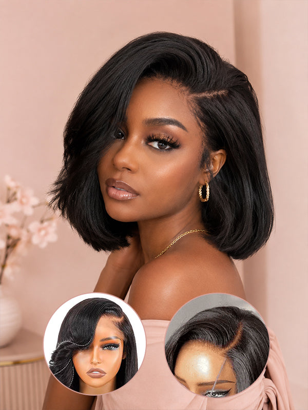 Sterly Yaki Straight Layered Cut Natural Bangs Glueless Lace Human Hair Wig