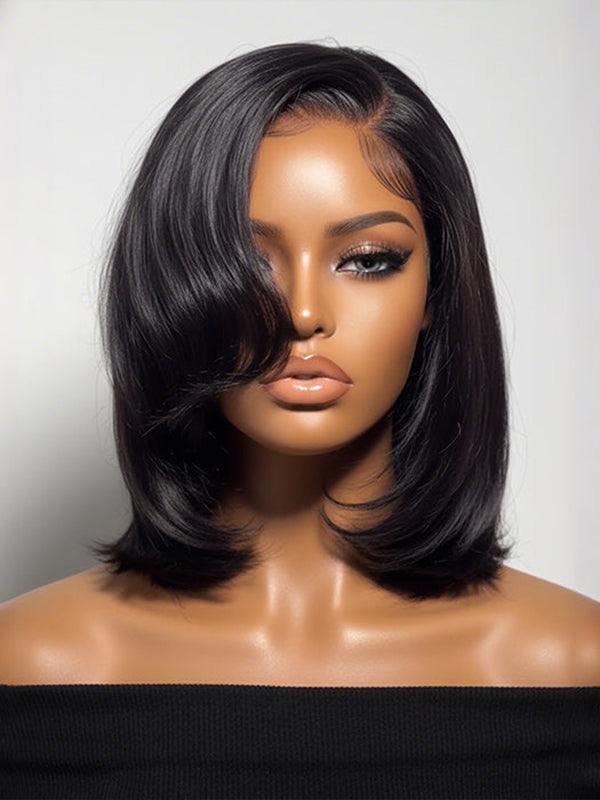 Sterly Yaki Straight Layered Cut Natural Bangs Glueless Lace Human Hair Wig