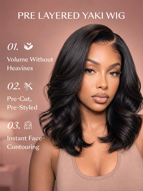 Sterly Layered Cut Yaki Loose Body Wig  Natural Bangs Glueless Human Hair Wigs