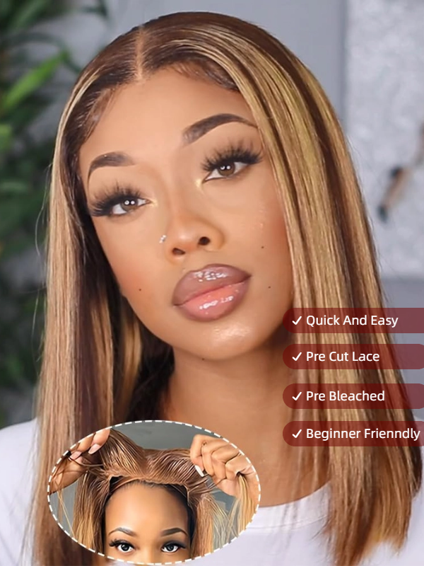 Sterly Highlights Straight Glueless Bob Wig Wear Go Pre Cut Lace Wig - sterlyhair