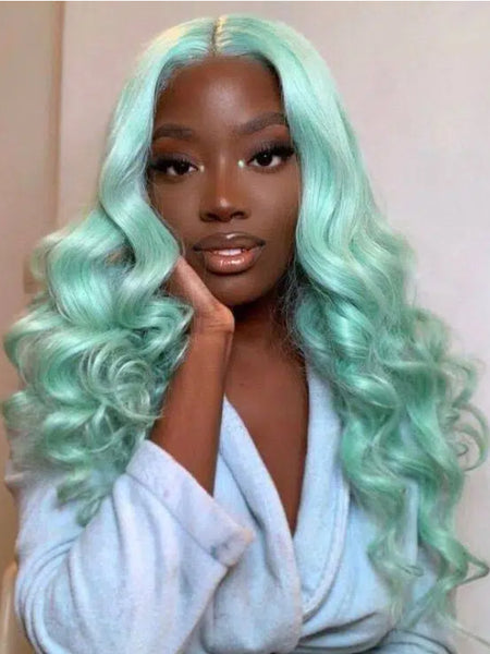 Sterly Mint Green Human Hair Wig Body Wave Lace Front Wig  display picture 3