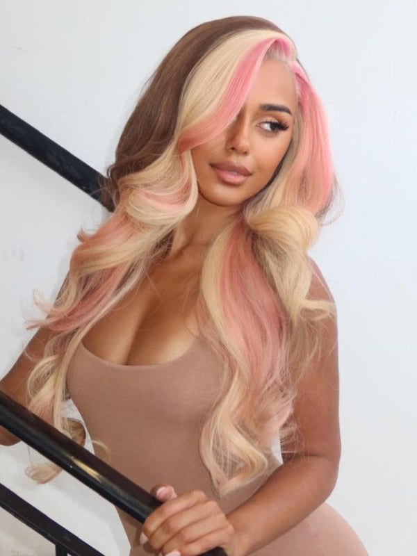Sterly Pink Blonde Balayage On Brown Hair Wigs Loose Body Wave Lace Closure Front Wigs - sterlyhair