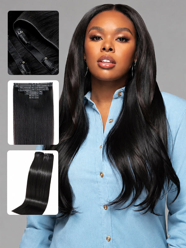 Raw Hair Clip In | Silky Straight Invisi Edge Clip in Hair Extensions For Black Women 8pcs With 18 Clips
