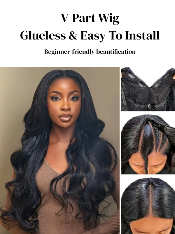 Perruques en cheveux humains crépus lisses/yaki avec cordon de serrage et partie en V, sans couture ni insertion 