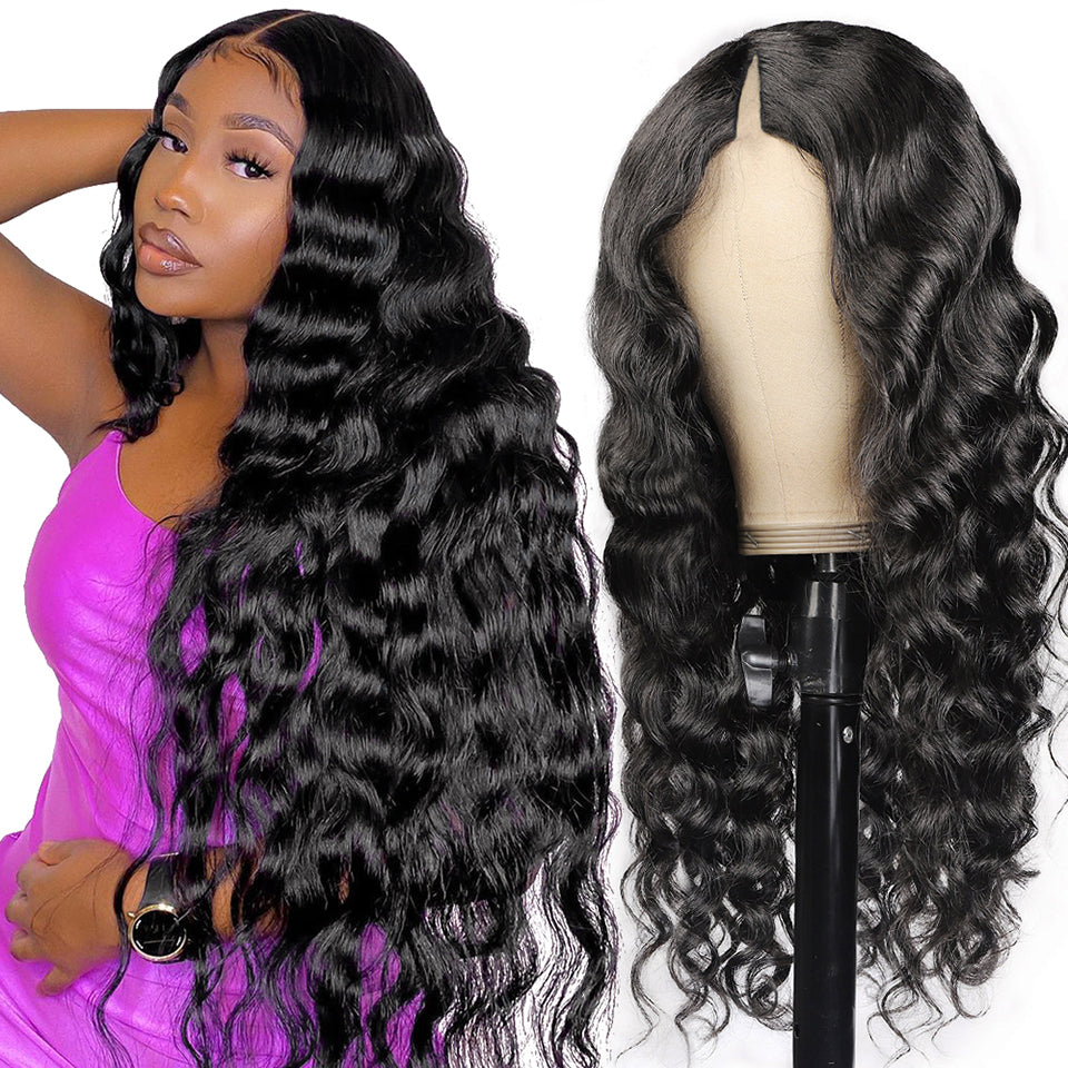 #1 Jet Black Glueless V Part Wig Kinky Straight / Deep Wave / Loose Deep Wave Wigs 250% Density