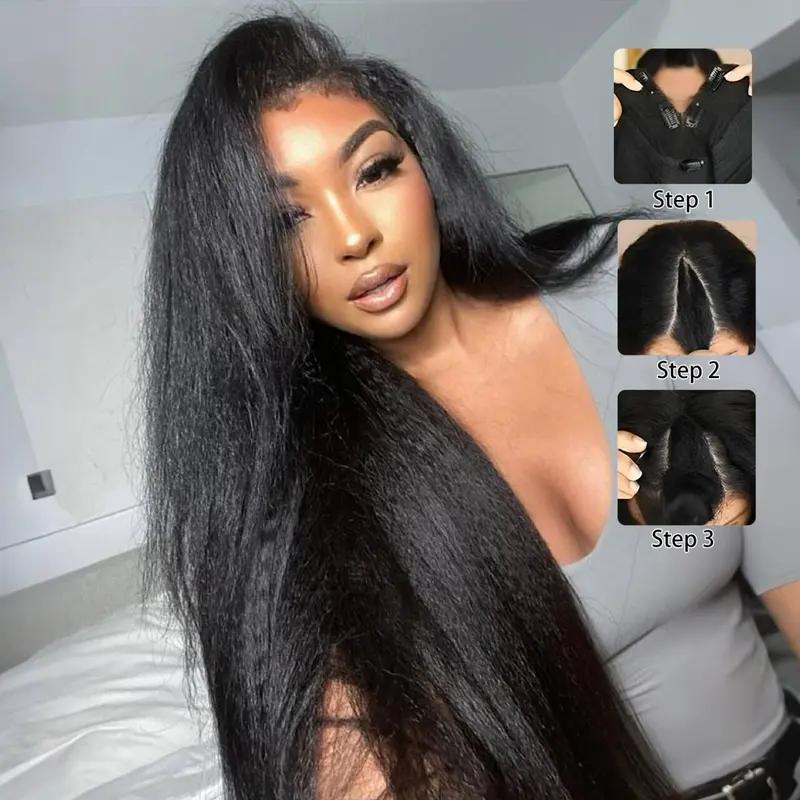 New Drawstring V Part Kinky Straight / Yaki Straight Wig No Leave Out And No Sew In Human Hair Wigs - sterlyhair