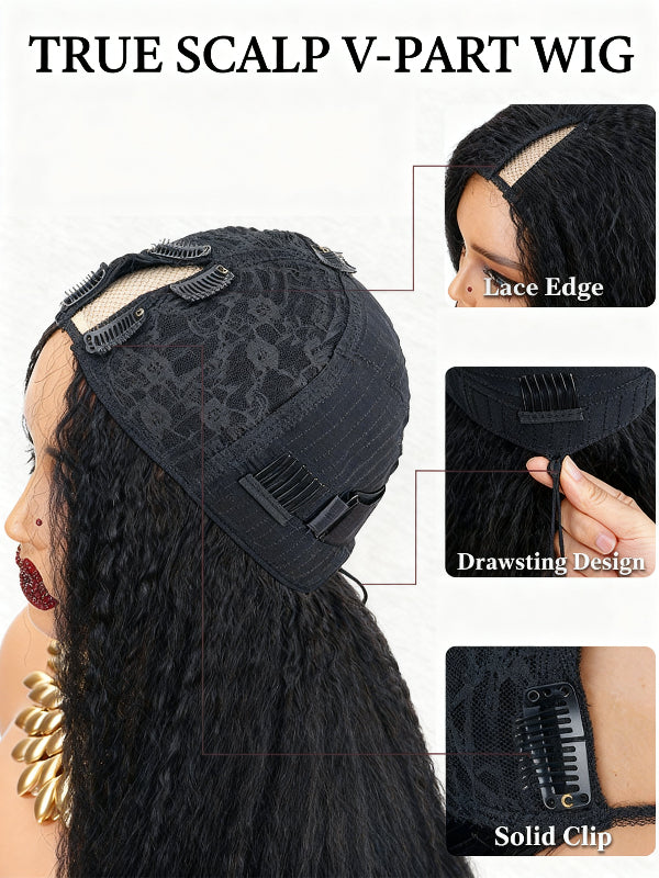 Affordable Glueless V Part Wavy Yaki Human Hair Wig Sterly Hair