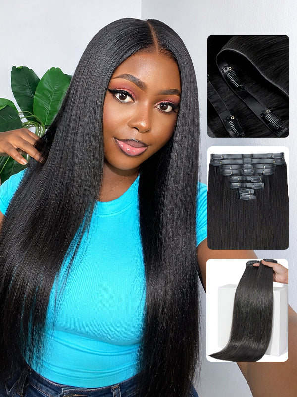 Raw Hair Clip In | Yaki Straight Invisi Edge Clip in Hair Extensions For Black Women 8pcs With 18 Clips