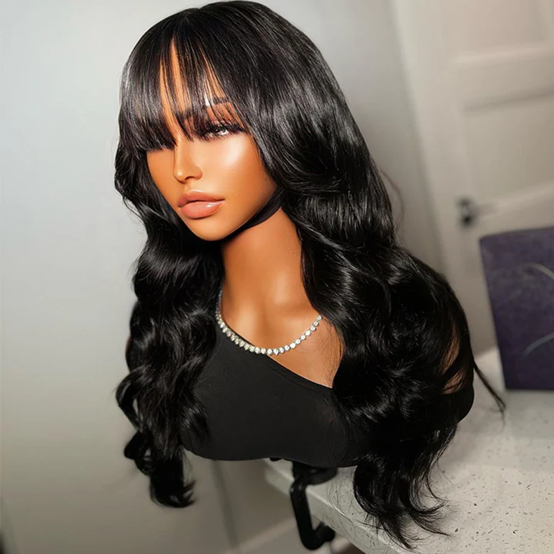 Parting Max 9x6 Glueless Wig #1 Jet Black Body Wave Wig with Bangs Ready to Go