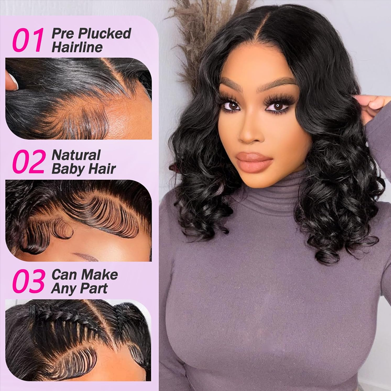 Sterly #1 Jet Black Frontal Wigs Human Hair 13×6/5×5 Loose Body Short Bob Wigs