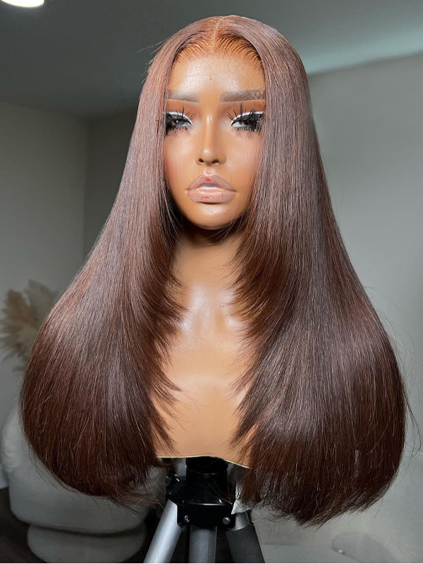 Chocolate Brown Raw Hair Super Double Drawn Layered 13×6 Straight Human Hair Wigs 250% Density - sterlyhair