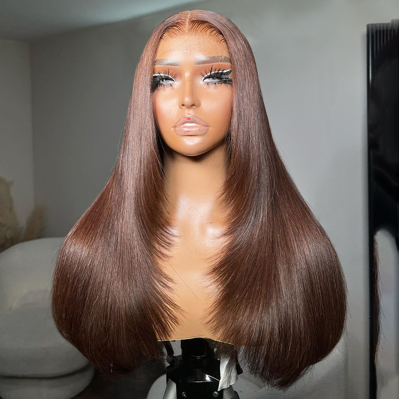 Chocolate Brown Raw Hair Super Double Drawn Layered 13×6 Straight Human Hair Wigs 250% Density - sterlyhair
