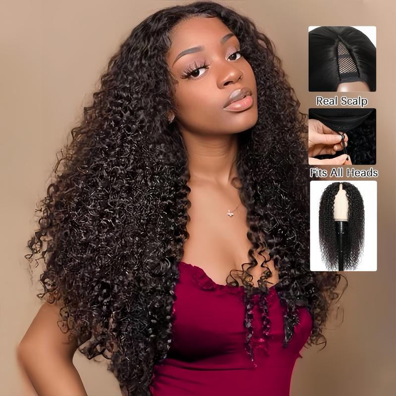 Perruques en cheveux humains crépus lisses/yaki avec cordon de serrage et partie en V, sans couture ni insertion 