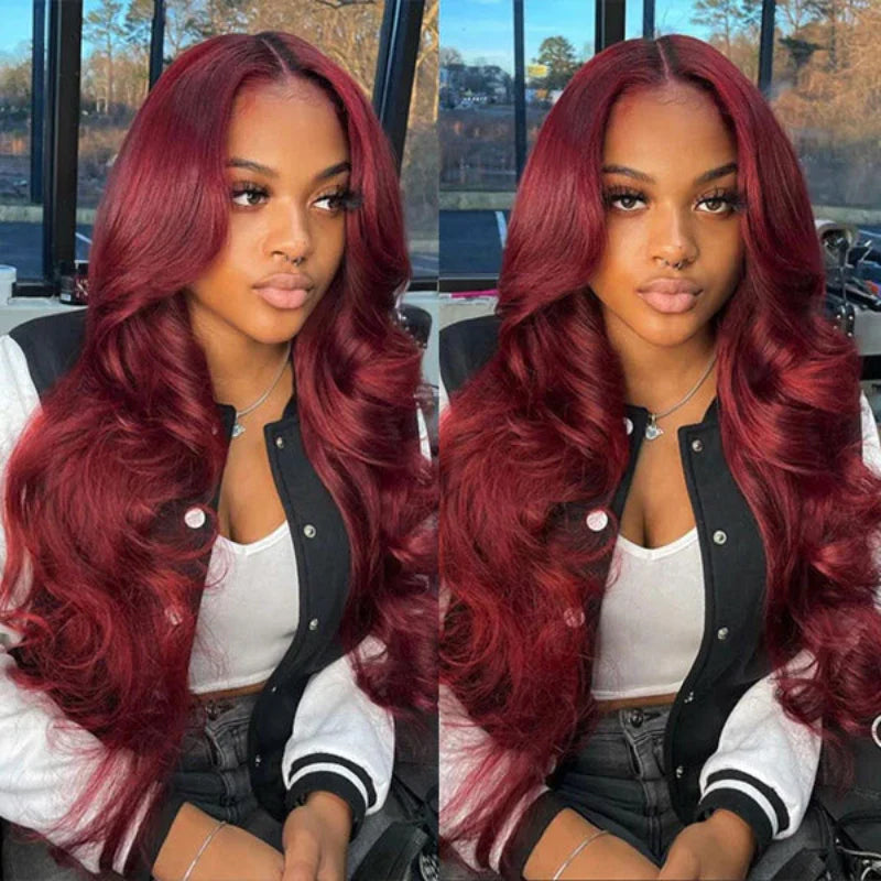 Glueless 7×6 Real HD Lace #99J Burgundy Body Wave Hair Wig Ready To Go 100% Human Hair