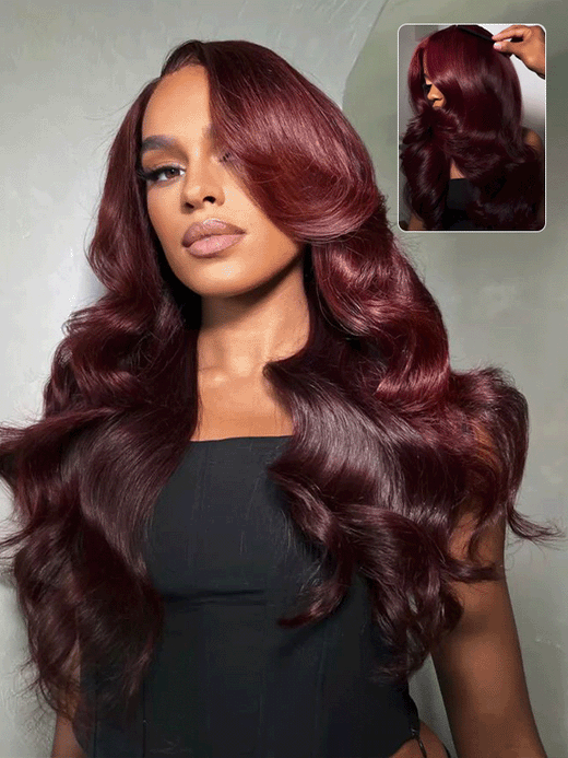 Dark Burgundy Layered Cut Human Hair Wig Wine Salon Styled 13x6 Lace Frontal Wigs Sterly Hair - sterlyhair