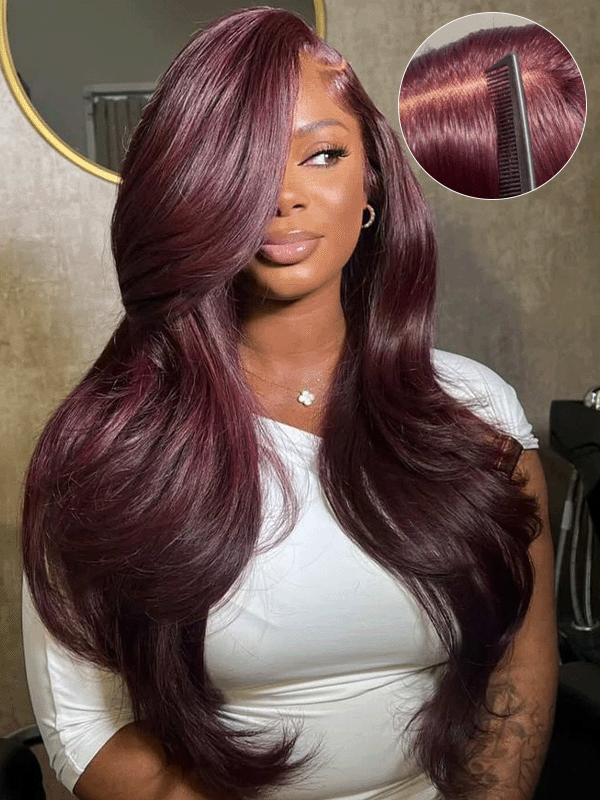 Dark Burgundy Layered Cut Human Hair Wig Wine Salon Styled 13x6 Lace Frontal Wigs Sterly Hair