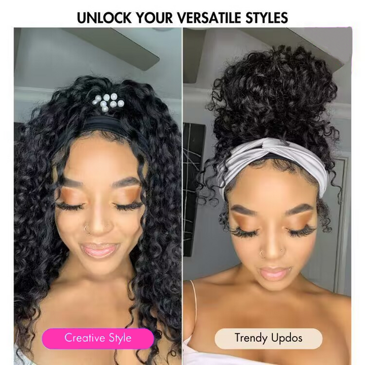 Headband Wig Deep Wave Human Hair Wigs Sterly Headband Wig With Scarf - sterlyhair