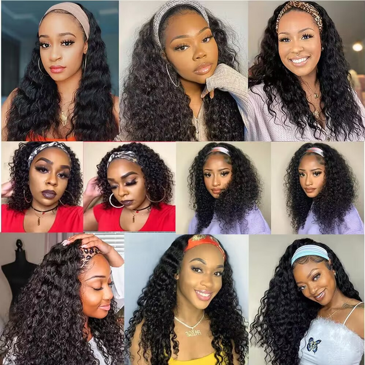 Headband Wig Deep Wave Human Hair Wigs Sterly Headband Wig With Scarf - sterlyhair