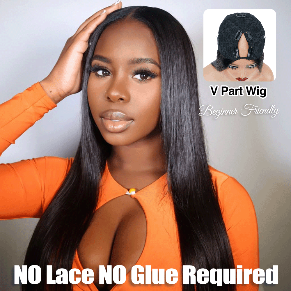 New Drawstring Straight V Part Wig No Leave Out And No Sew In Human Hair Wigs - sterlyhair