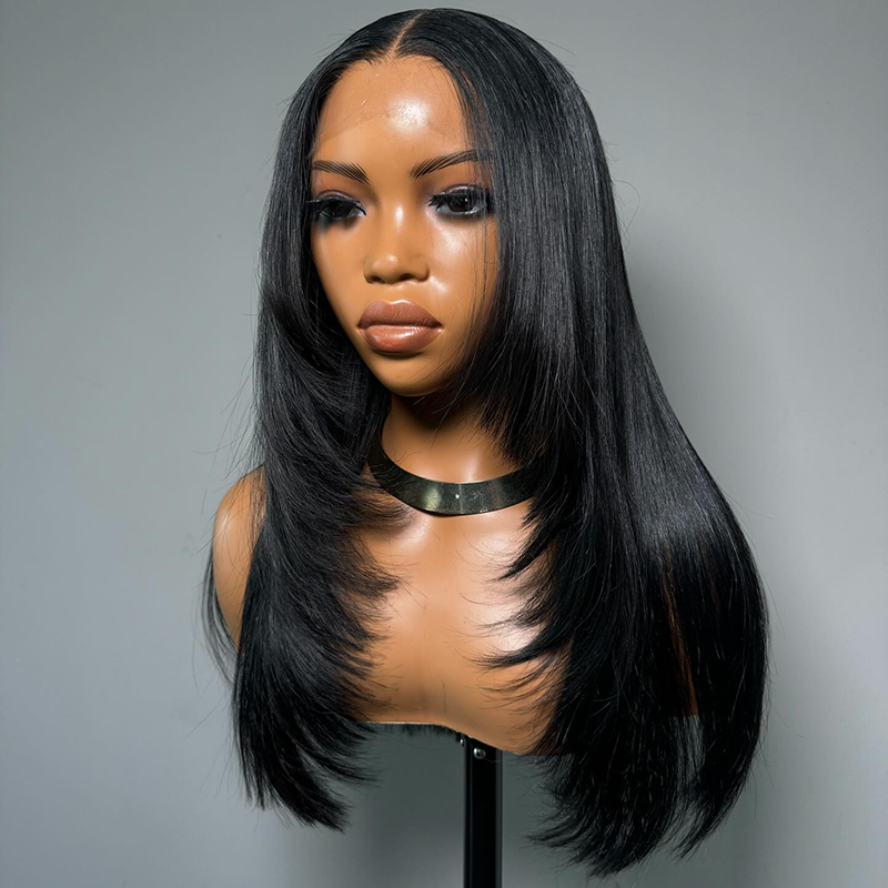 Jet Black Raw Hair Super Double Drawn Layered 13×6 Straight Human Hair Wigs 250% Density