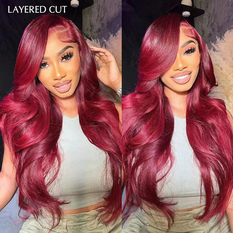 Affordable #99J Body Wave Wig Sterly Burgundy 13x6 Lace Front Human Hair Wigs