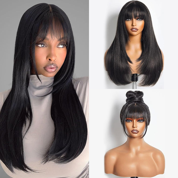 Super Double Drawn 13×6 Full Lace Layered Straight Human Hair Wig With Bangs - sterlyhair