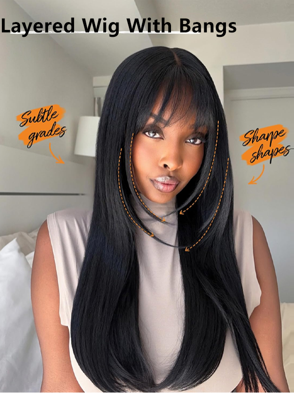 Super Double Drawn 13×6 Full Lace Layered Straight Human Hair Wig With Bangs - sterlyhair