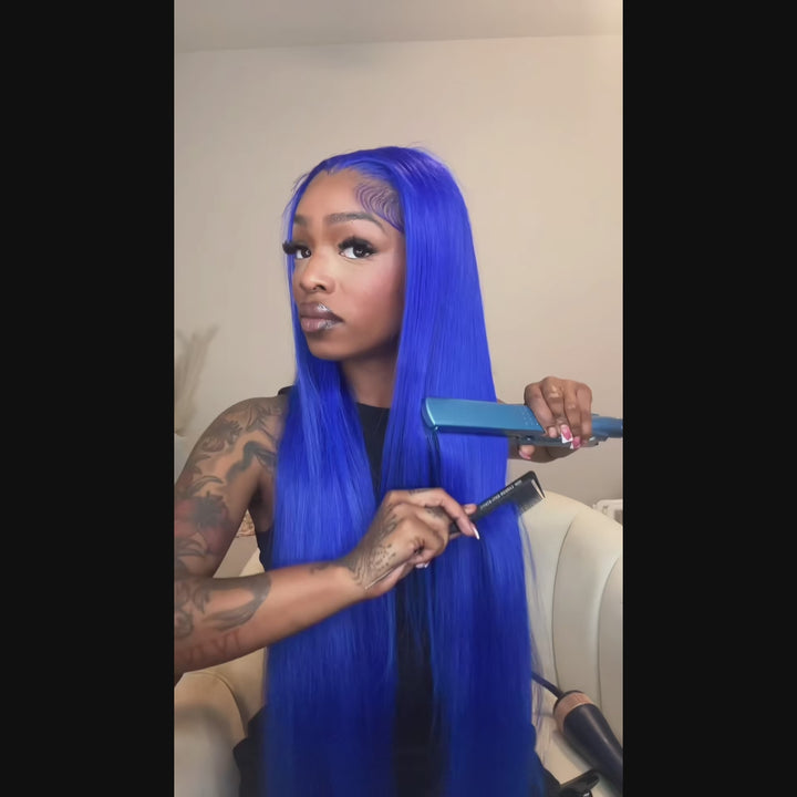 Sterly Royal Blue 13x6 Full Frontal Lace Body Wave Human Hair Wigs Pre Colored Blue Wigs
