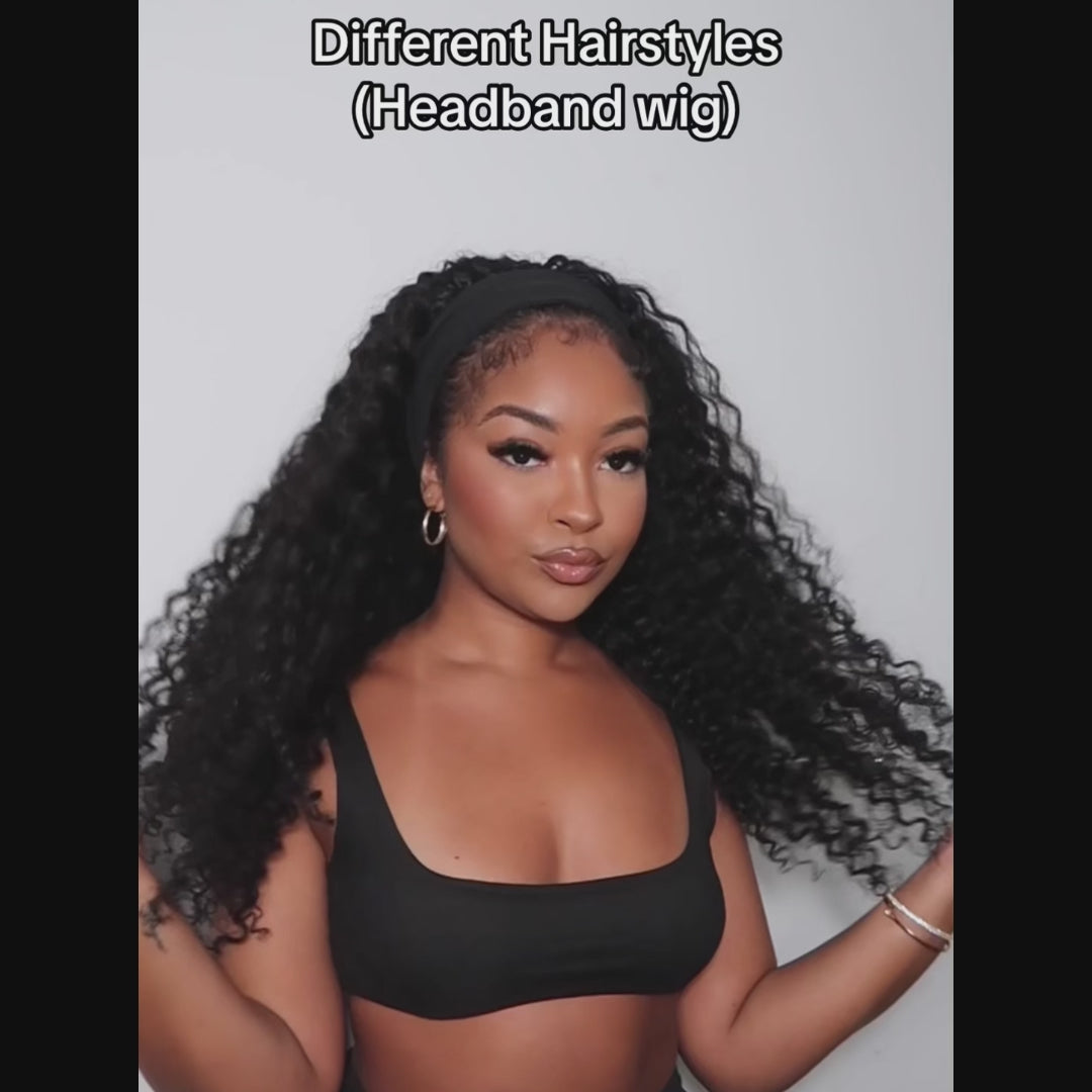 Headband Wig Deep Wave Human Hair Wigs Sterly Headband Wig With Scarf